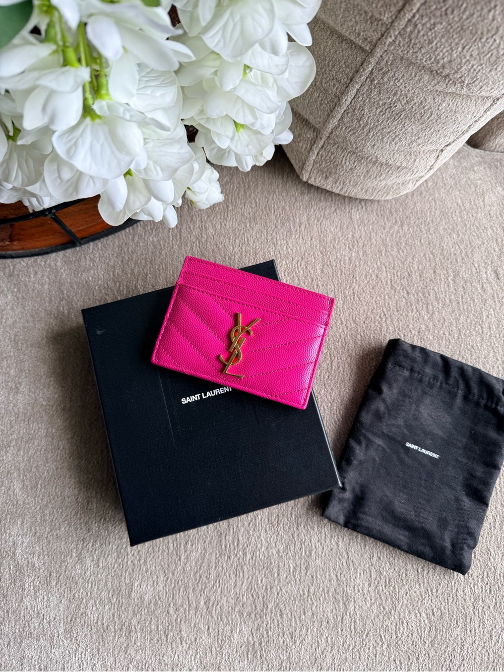 Saint Laurent Pink Quilted Card Holder with Gold YSL Logo Like New